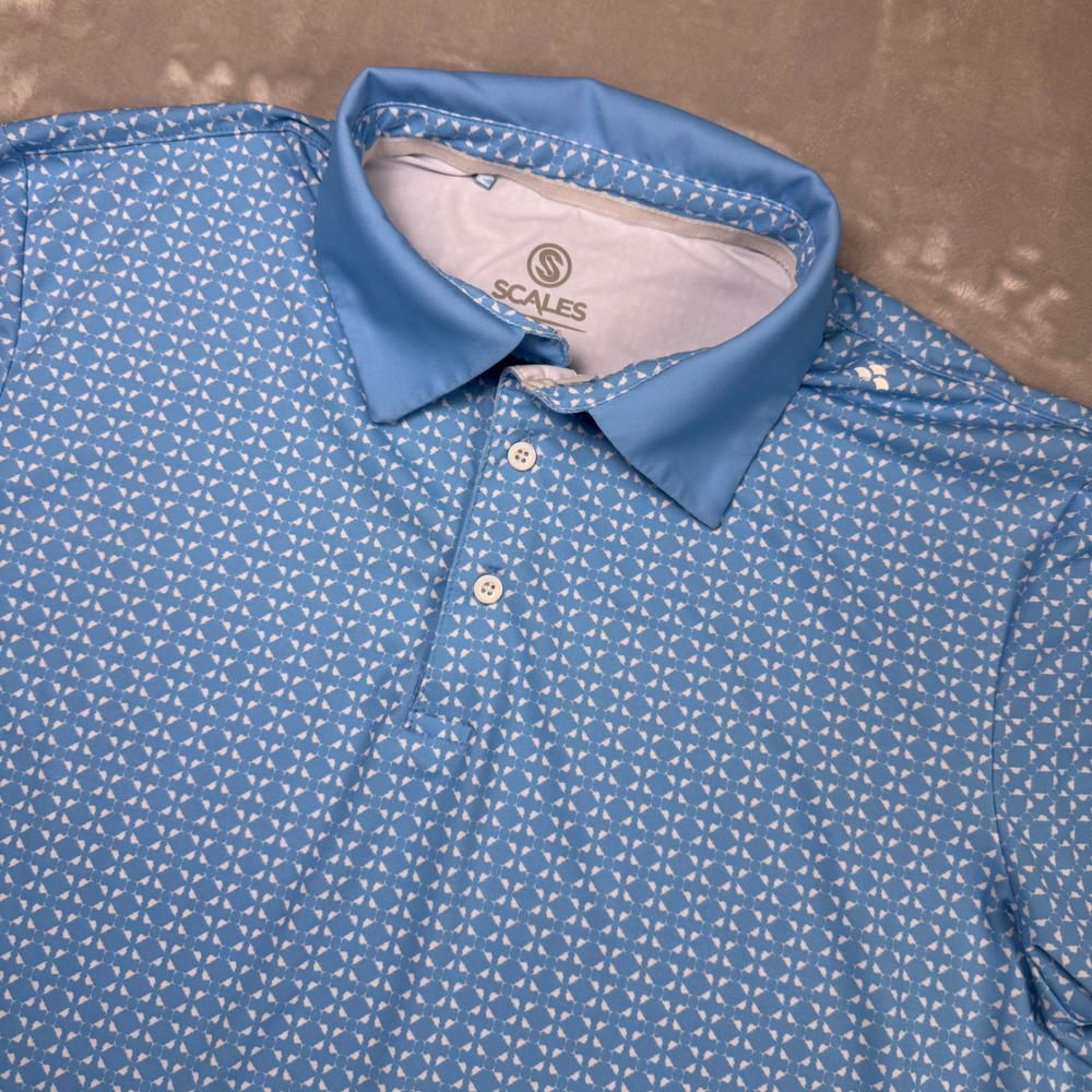 Scales Men Performance Polo Shirt Blue White Geometric Short Sleeve Size Medium*